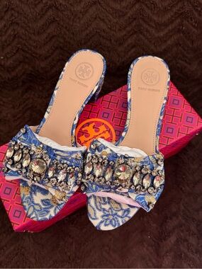 Tory Burch Blue Embellished Slip-On Mules